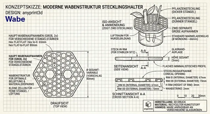 anyprint3d Stecklingshalter Wabe 3D-Druck Skizze technische Details